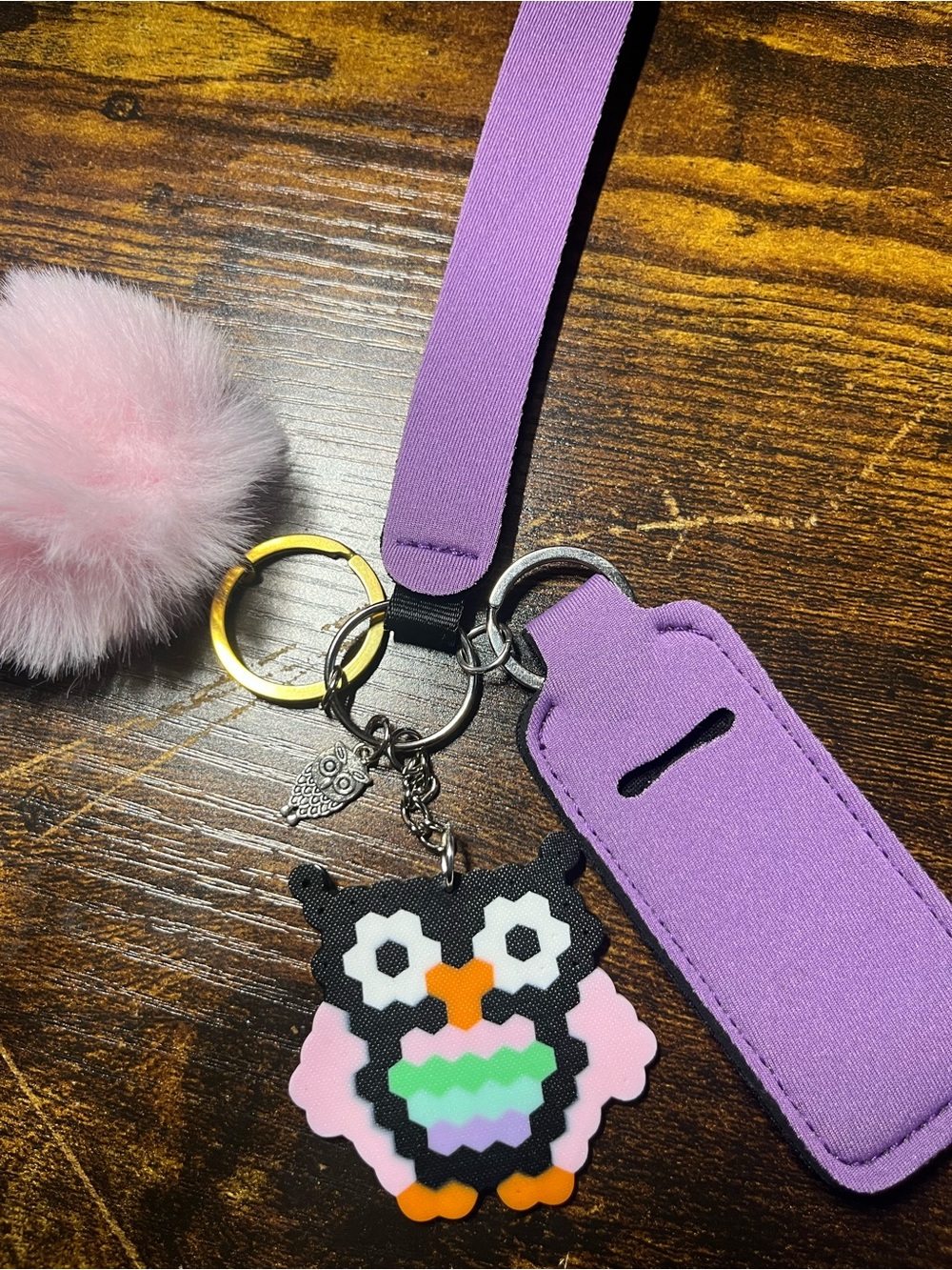 Kids Purple Owl Keychain Lanyard with Pink Pom Pom